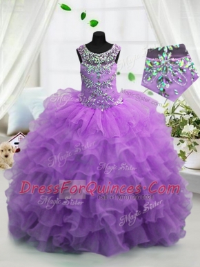 Elegant Ruffled Floor Length Lavender Flower Girl Dresses Scoop Sleeveless Lace Up