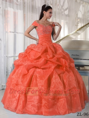 Sweet 16 Dresses In Orange Red Ball Gown Off The Shoulder With Taffeta and Organza Beading