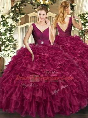 Beading and Ruffles Ball Gown Prom Dress Burgundy Backless Sleeveless Floor Length
