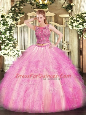 Classical Sleeveless Floor Length Beading and Ruffles Lace Up Quince Ball Gowns with Rose Pink