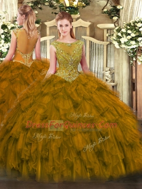 High Quality Floor Length Brown Quinceanera Gowns Organza Sleeveless Beading and Ruffles