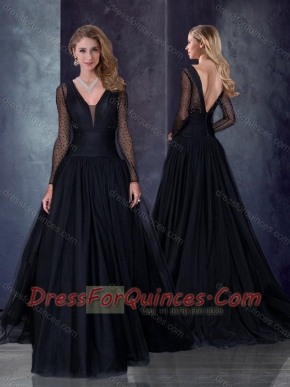 Beautiful Deep V Neckline See Through Black Prom Dress with Brush Train