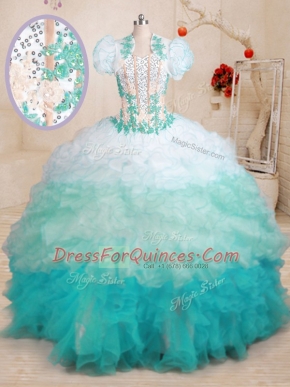 Glorious Multi-color Ball Gowns Beading and Appliques and Ruffles Sweet 16 Dress Lace Up Organza Sleeveless With Train