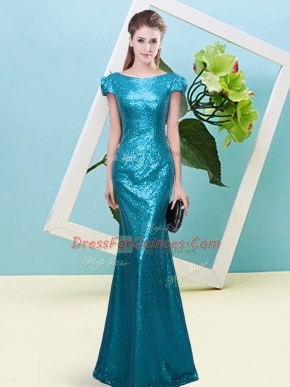 Floor Length Teal Prom Evening Gown Scoop Cap Sleeves Zipper