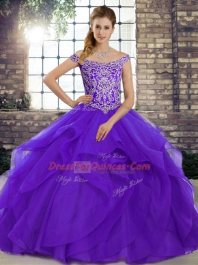 Brush Train Ball Gowns Quince Ball Gowns Purple Off The Shoulder Tulle Sleeveless Lace Up