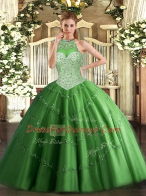 New Style Tulle Halter Top Sleeveless Lace Up Beading and Appliques Sweet 16 Quinceanera Dress in Green