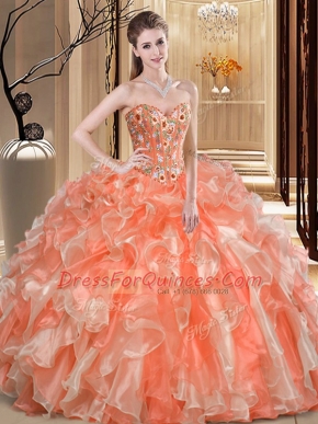 Orange Sleeveless Organza Lace Up Quinceanera Gowns for Prom and Military Ball and Sweet 16 and Quinceanera