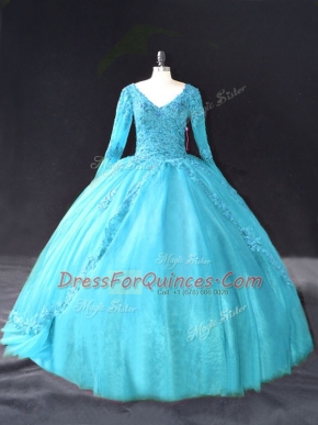 Modern Tulle Long Sleeves Floor Length Quince Ball Gowns and Lace and Appliques