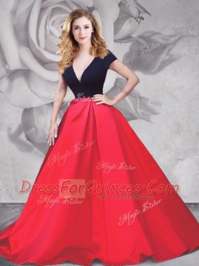 Satin and Tulle V-neck Short Sleeves Brush Train Zipper Ruching Prom Evening Gown in Red And Black