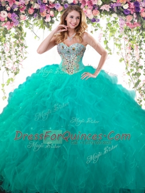 Custom Designed Sleeveless Floor Length Beading Lace Up Sweet 16 Dress with Turquoise