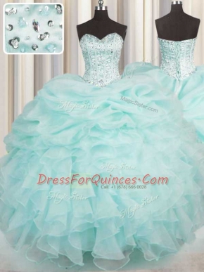 Luxury Aqua Blue Lace Up Sweetheart Beading and Ruffles Quince Ball Gowns Organza Sleeveless