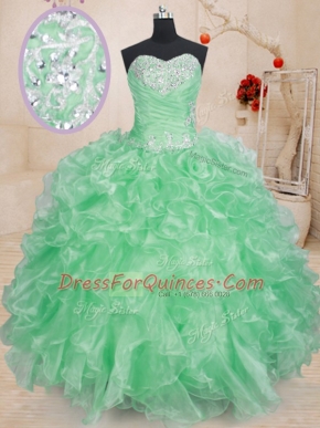 Fantastic Beading and Ruffles and Pick Ups 15th Birthday Dress Apple Green Lace Up Sleeveless Floor Length