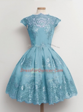 Aqua Blue A-line Scalloped Cap Sleeves Tulle Knee Length Lace Up Lace Quinceanera Dama Dress