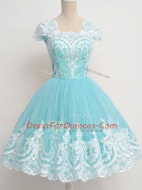 Nice Knee Length A-line Cap Sleeves Aqua Blue Dama Dress for Quinceanera Zipper