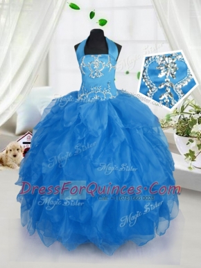 Customized Halter Top Organza Sleeveless Floor Length Little Girl Pageant Dress and Appliques and Ruffles