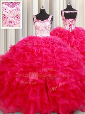 Hot Selling Hot Pink Ball Gowns Organza Straps Sleeveless Embroidery and Ruffles Floor Length Lace Up Quinceanera Dresses