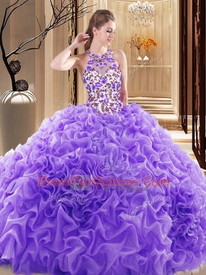 Sexy Lavender Organza Backless Vestidos de Quinceanera Sleeveless Brush Train Embroidery and Ruffles