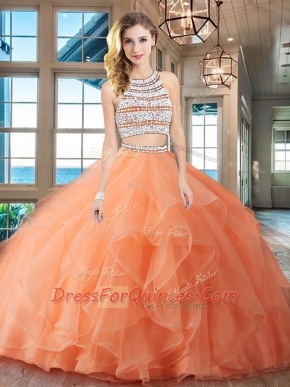 Cute Scoop Backless Orange Sleeveless Brush Train Beading and Ruffles With Train Sweet 16 Dresses