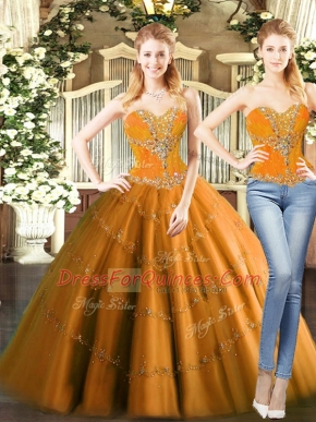Custom Design Orange Red Tulle Lace Up Quinceanera Dresses Sleeveless Mini Length Beading