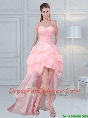 2015 Cute Baby Pink Sweetheart Cheap Dama Dresses with Ruffled Layers and Beading