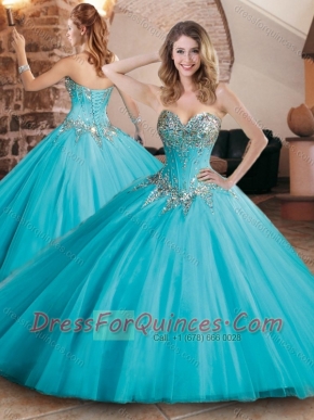 Pretty Visible Boning Tulle Beaded Quinceanera Dress in Aqua Blue