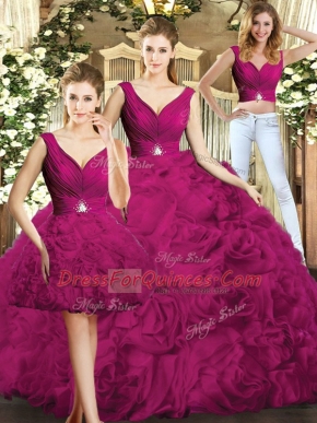 New Style Fuchsia Three Pieces V-neck Sleeveless Fabric With Rolling Flowers Floor Length Backless Beading Sweet 16 Quinceanera Dress