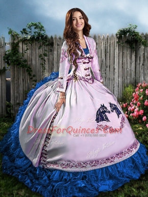 Exceptional Floor Length Lace Up Quinceanera Dress Blue And White for Sweet 16 and Quinceanera with Embroidery and Ruffles