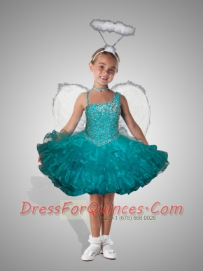 Exquisite Turquoise Asymmetrical Mini-length Beading and Ruffles Little Girl Dress for 2014