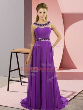 Scoop Sleeveless Chiffon Prom Dress Beading Brush Train Zipper