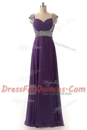 Purple Lace Up Straps Beading and Ruching Prom Party Dress Chiffon Cap Sleeves