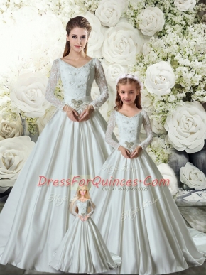 Modest White V-neck Lace Up Lace and Belt 15th Birthday Dress Chapel Train Long Sleeves