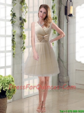Beautiful Champagne Bowknot Princess Christmas Party Dresses with V Neck