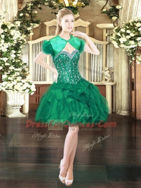Sweetheart Sleeveless Mini Length Beading and Ruffles Dark Green Organza