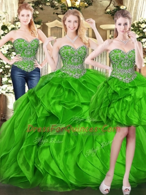 Sexy Green Ball Gowns Organza Sweetheart Sleeveless Beading and Ruffles Floor Length Lace Up Sweet 16 Dress