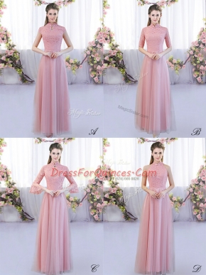 Floor Length Zipper Quinceanera Court Dresses Pink for Wedding Party with Lace