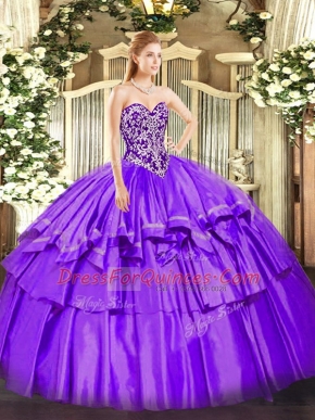 Inexpensive Purple Sweetheart Lace Up Beading and Ruffled Layers 15 Quinceanera Dress Sleeveless