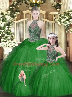 Great Halter Top Sleeveless Vestidos de Quinceanera Floor Length Beading and Ruffles Green Tulle