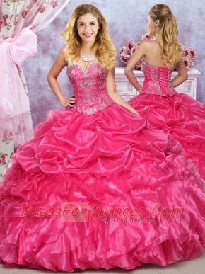 Pretty Puffy Skirt Hot Pink Dress for Quinceanera with Beading and Ruffles
