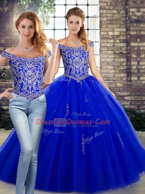 Sleeveless Floor Length Beading Lace Up Sweet 16 Dresses with Royal Blue