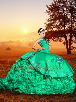 Turquoise Quinceanera Gown Organza Brush Train Sleeveless Embroidery and Ruffles