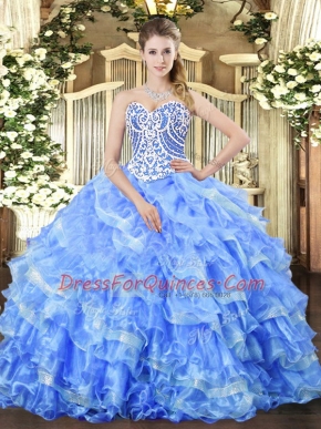 Luxurious Blue Sweet 16 Dress Military Ball and Sweet 16 and Quinceanera with Beading and Ruffled Layers Sweetheart Sleeveless Lace Up