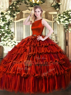 Lovely Wine Red Ball Gowns Scoop Sleeveless Organza Floor Length Clasp Handle Ruffled Layers Quinceanera Gowns