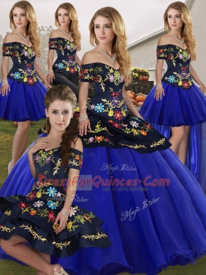 Royal Blue Ball Gowns Tulle Off The Shoulder Sleeveless Embroidery Floor Length Lace Up Quinceanera Gown