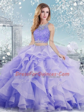 Cheap Lavender Sweet 16 Dress Military Ball and Sweet 16 and Quinceanera with Beading and Ruffles Scoop Sleeveless Clasp Handle