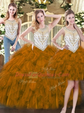 Scoop Sleeveless Organza 15th Birthday Dress Beading and Ruffles Zipper
