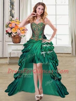 Sleeveless Taffeta High Low Lace Up Prom Evening Gown in Dark Green with Beading and Appliques and Pick Ups