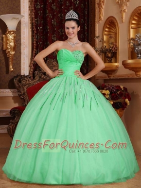 Gorgeous Beading Apple Green Ball Gown Strapless Floor-length Tulle Beautiful Quinceanera Dress