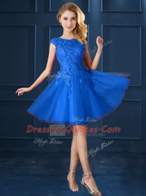 New Style Blue Lace Up Bateau Lace and Belt Quinceanera Dama Dress Tulle Cap Sleeves