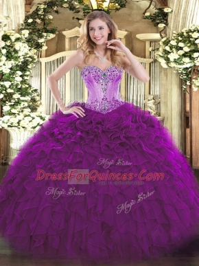 Eggplant Purple Sweetheart Neckline Beading and Ruffles Vestidos de Quinceanera Sleeveless Lace Up