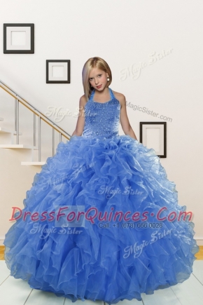 Exceptional Halter Top Beading and Ruffles Little Girls Pageant Dress Blue Lace Up Sleeveless Floor Length